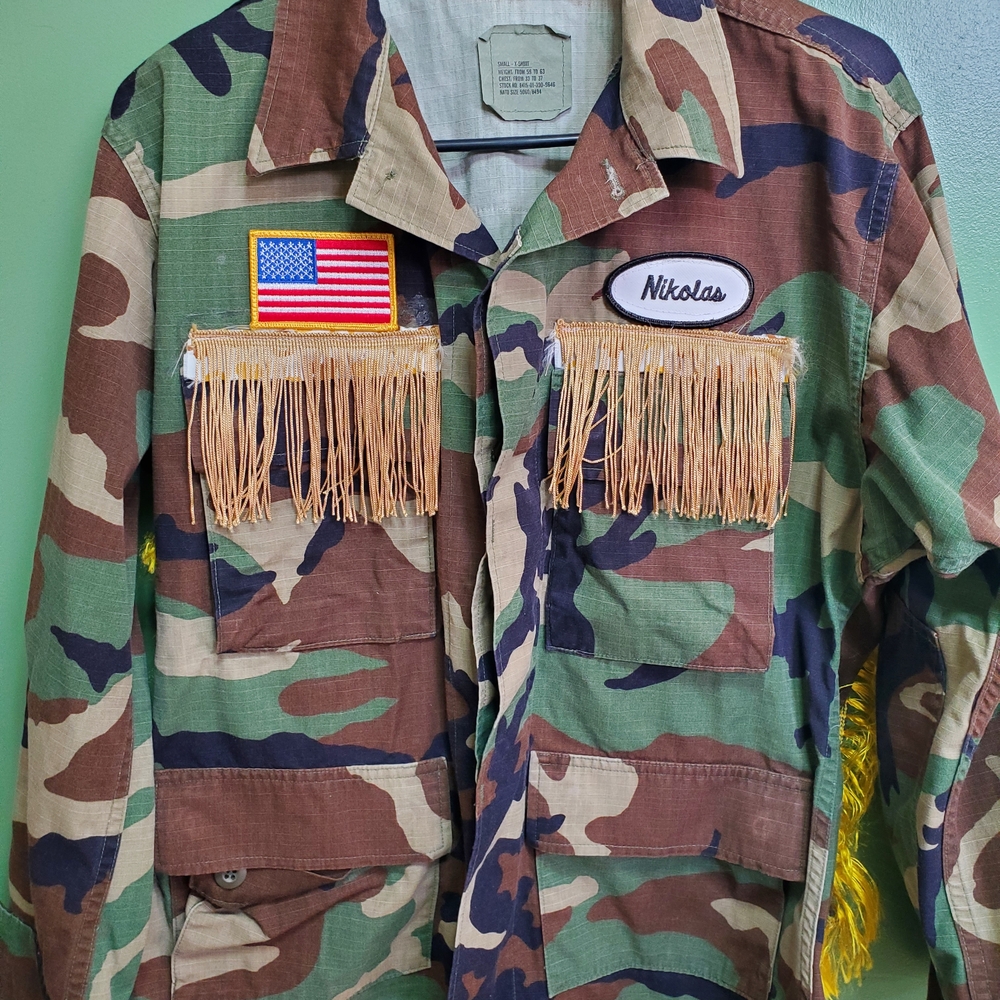 Camouflage Military-Style Upcycled Jacket with Fringe and Name Patch
